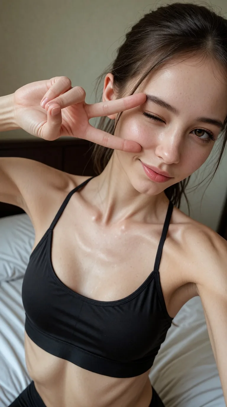 Adult woman wearing black activewear in a casual portrait